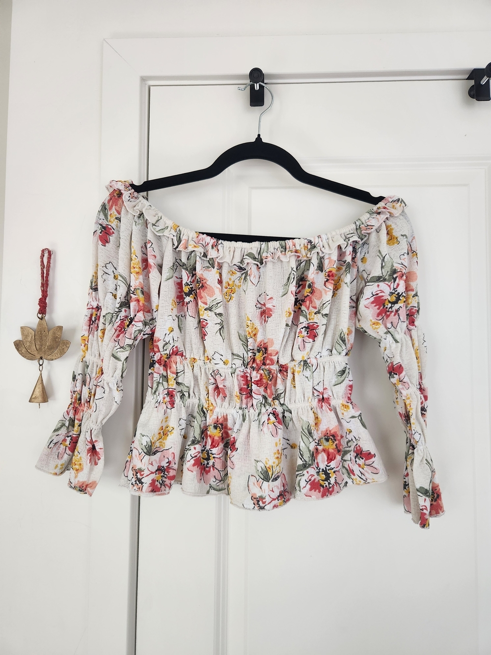 Forever 21 White Floral Off-Shoulder Peplum Top with Pink & Yellow Blooms